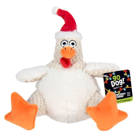 goDog White Holiday Collection Checkers Fat Rooster Santa Squeaky Chew Guard Technology Plush Dog Toy