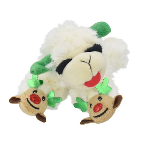 Multipet International Holiday Lamb Chop Dog Toy Wearing Adorable Reindeer Slippers