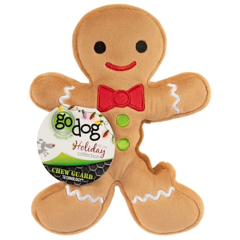 goDog Holiday Collection Gingerbread Man Squeaky Crinkle Chew Guard Technology Plush Dog Toy