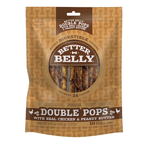 Better Belly Double Pops Highly Digestible Rawhide Chews for Dogs with Real Chicken and Peanut Butter