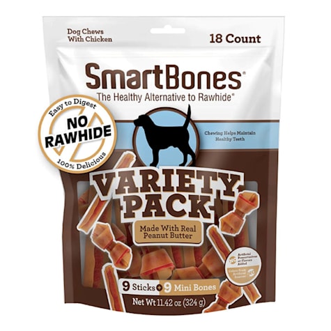 SmartBones Variety Pack Rawhide-Free Chews for Dogs, Sticks and Mini Bones Made with Real Chicken and Peanut Butter