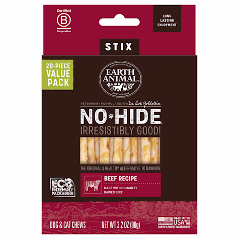 Earth Animal No-Hide Stix Beef Recipe Natural Long-Lasting Rawhide Alternative Dog & Cat Chews