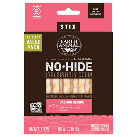 Earth Animal No-Hide Stix Salmon Recipe Natural Long-Lasting Rawhide Alternative Dog & Cat Chews