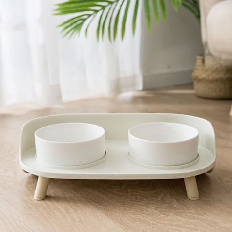 HANAMYA Double Bowl Ceramic Feeder Set for Dogs and Cats