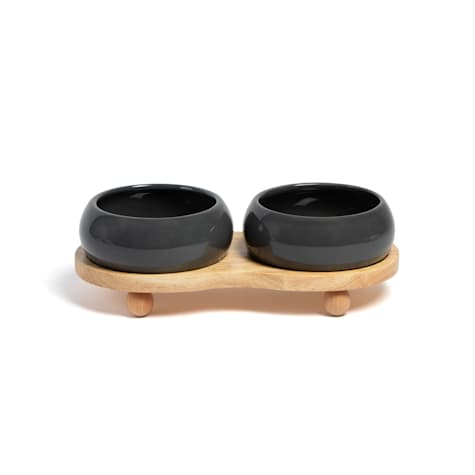 Jupiter Grey Ceramic Wood Elevated Double Diner Cat Bowl