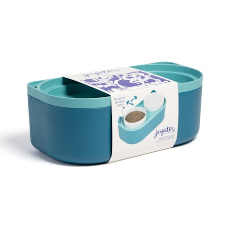 Jupiter Teal Double Cat Bowl Stand and Storage