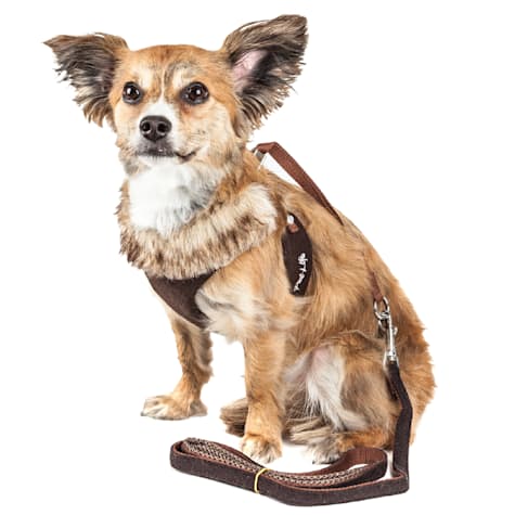Pet Life Luxe 'Furracious' 2-in-1 Mesh Reversed Adjustable Dog Harness & Leash W/ Removable Fur Collar
