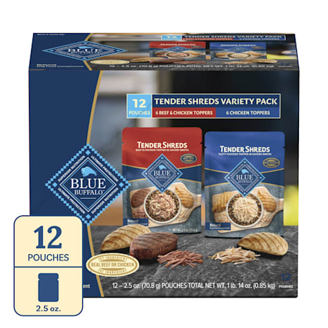 Blue Buffalo Tender Shreds Tasty Chicken and Beef & Chicken Topper Natural Dog Food Complement Varity Pack