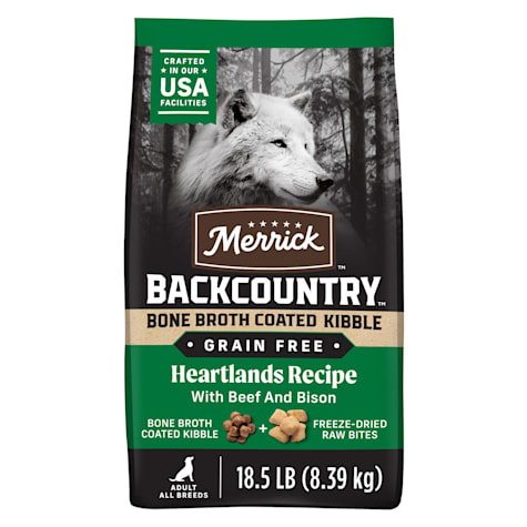 Merrick Backcountry Bone Broth Coated Kibble Heartlands Recipe with Beef and Bison Grain Free Dry Dog Food