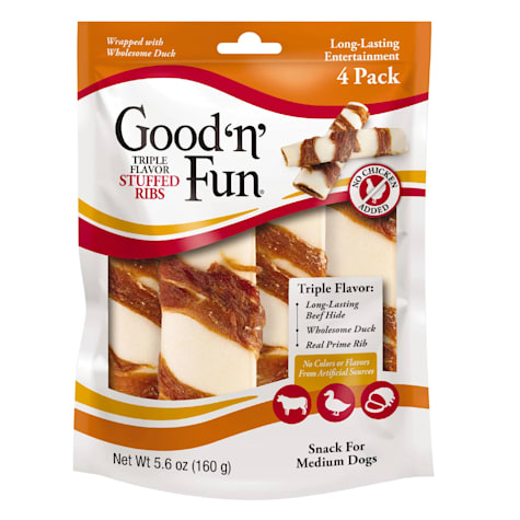 GOOD N' FUN Triple Flavor Stuffed Ribs, No Chicken Added Rawhide Chews for Medium Dogs