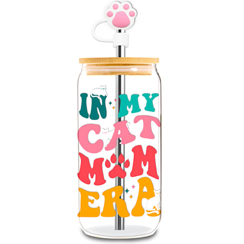 Cat Mom Glass Water Bottle with Straw