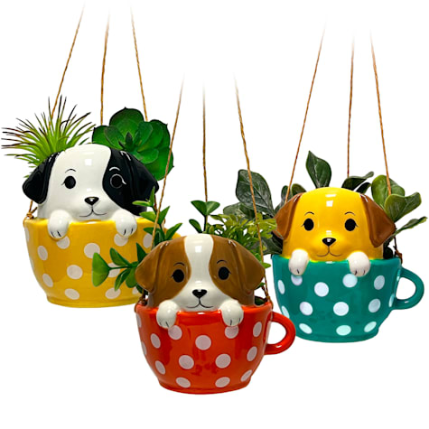 Dogs in Cups Mini Hanging Planters