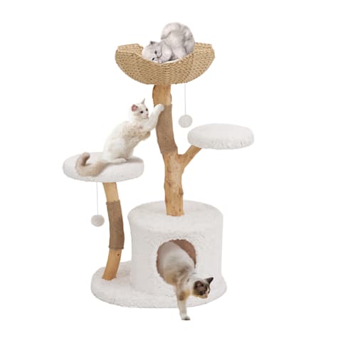 UniPaws Natural Wood Cat Tree with Dual Woven Baskets