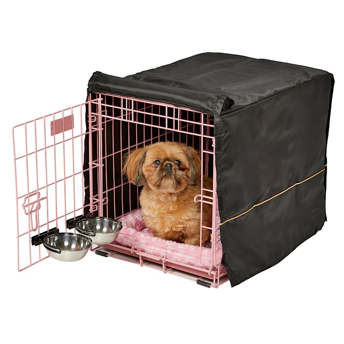 Midwest Homes for Pets iCrate Single Door Bundle Includes Cover and Bed and Bowls - Pink