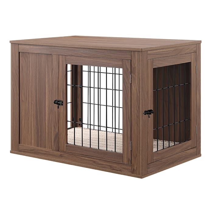 Unipaws Dog Crate End Table with Cushion  Wooden Wire Pet Kennels with Double Doors  Modern Design Dog House  Chew-Proof  Walnut