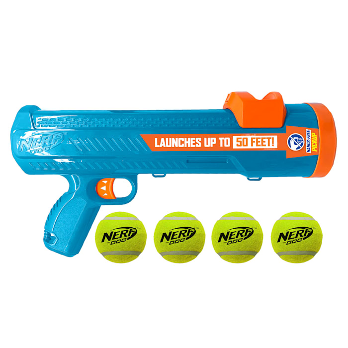 Nerf Dog 16in EXO Blaster without Ball Clip and 2.5in Non-Squeak Tennis Ball Dog Toy, Large, Pack of 4, Blue / Orange