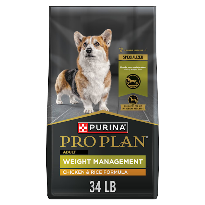 purina pro plan weight management dry dog food for adults  high protein chicken & rice  34 lb bag