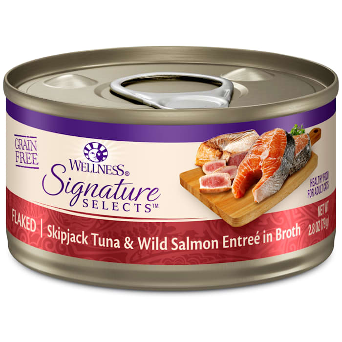 Wellness CORE Signature Selects Grain Free Canned Cat Food  Flaked Skipjack Tuna & Wild Salmon in Broth  2.8 Ounces (Pack of 12)