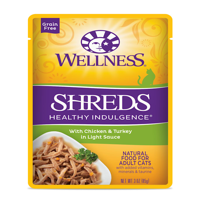 wellness healthy indulgence natural grain free shreds with chicken & turkey in light sauce wet cat food, 3 oz., case of 12