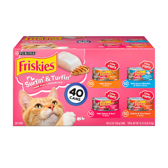 (BBD 08/2027). Purina Friskies Prime Filets Surfin' & Turfin' Favorites Chicken, Seafood, Tuna, Salmon, Fish and Beef Flavor Wet Cat Food - 5.5oz/40ct