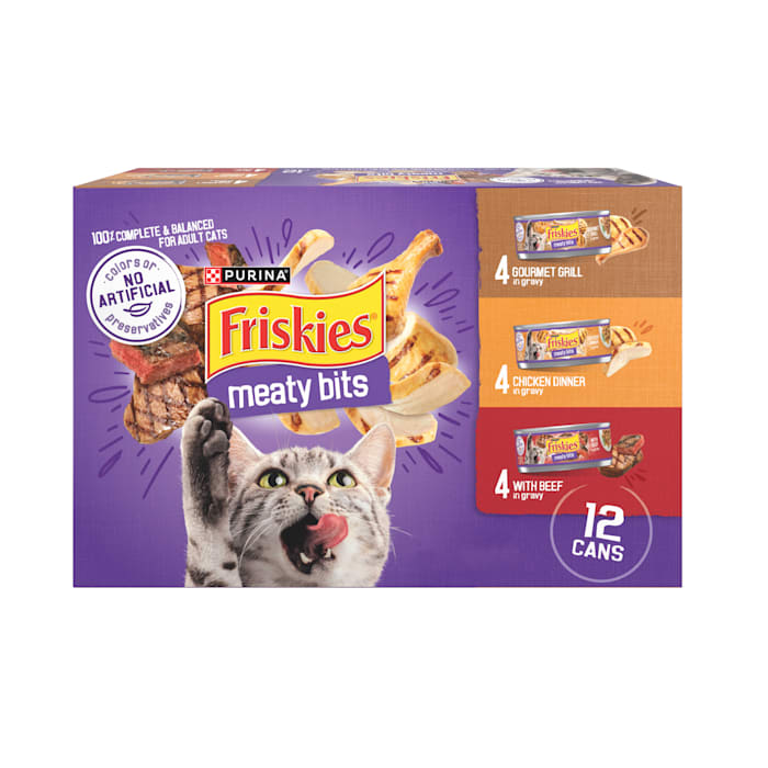 (best by jul/2027) purina friskies meaty bits gourmet grill, chicken & beef wet cat food - 5.5oz/12ct variety pack