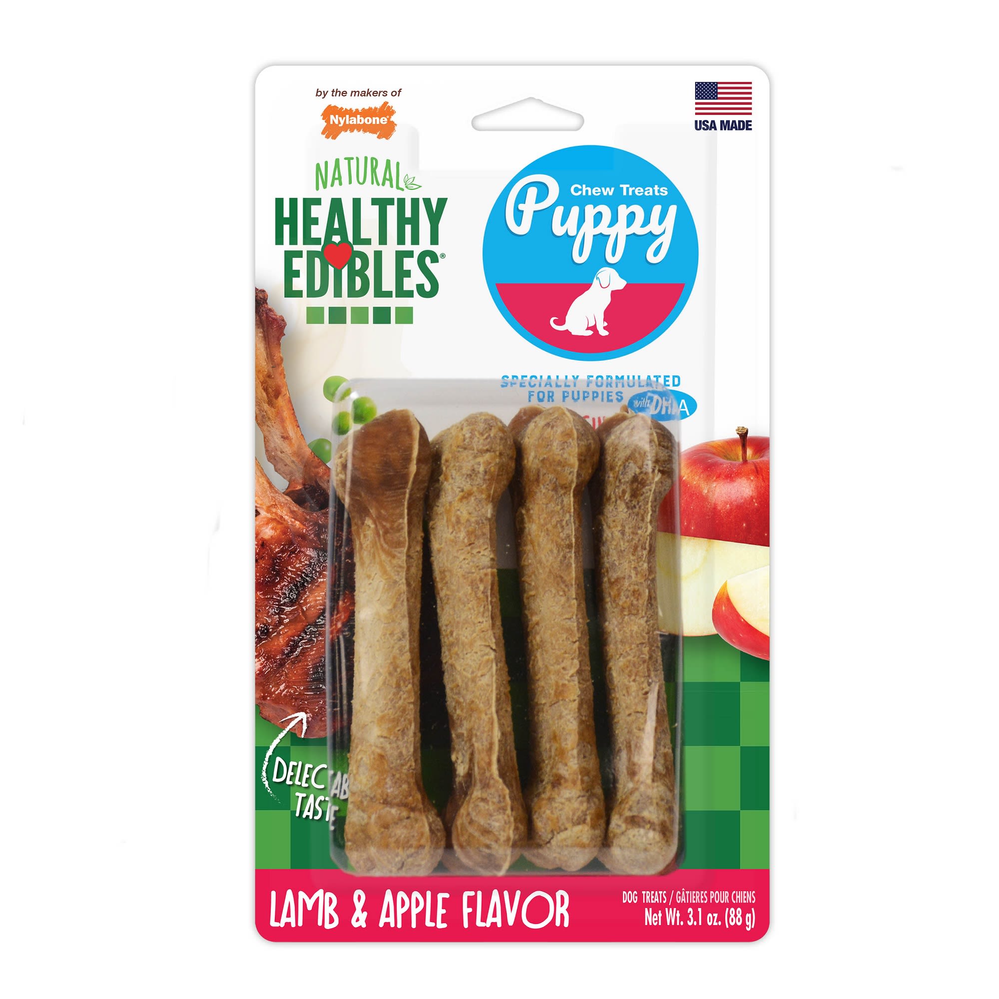 Nylabone Healthy Edibles Lamb & Apples Puppy Chews, Small, Count of 4