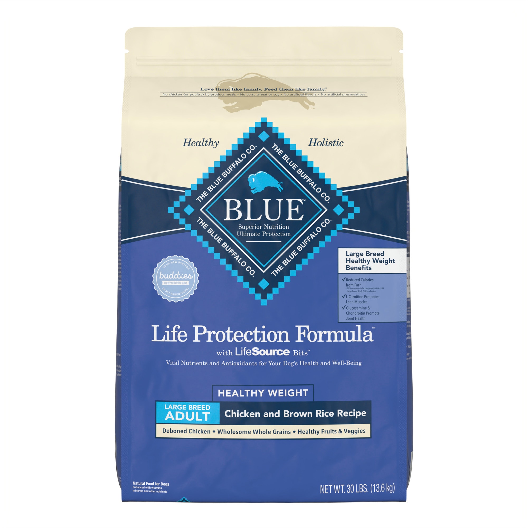 Blue Buffalo Blue Life Protection Formula Natural Adult Large Breed Healthy  Weight Chicken and Brown Rice Dry Dog Food, 30 lbs.