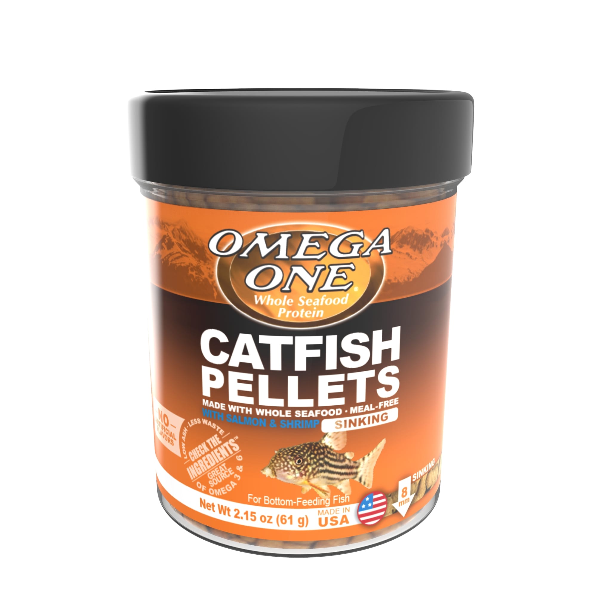 Omega One Sinking Catfish Pellets with Shrimp Freshwater Saltwater Fish Food 2.15 oz