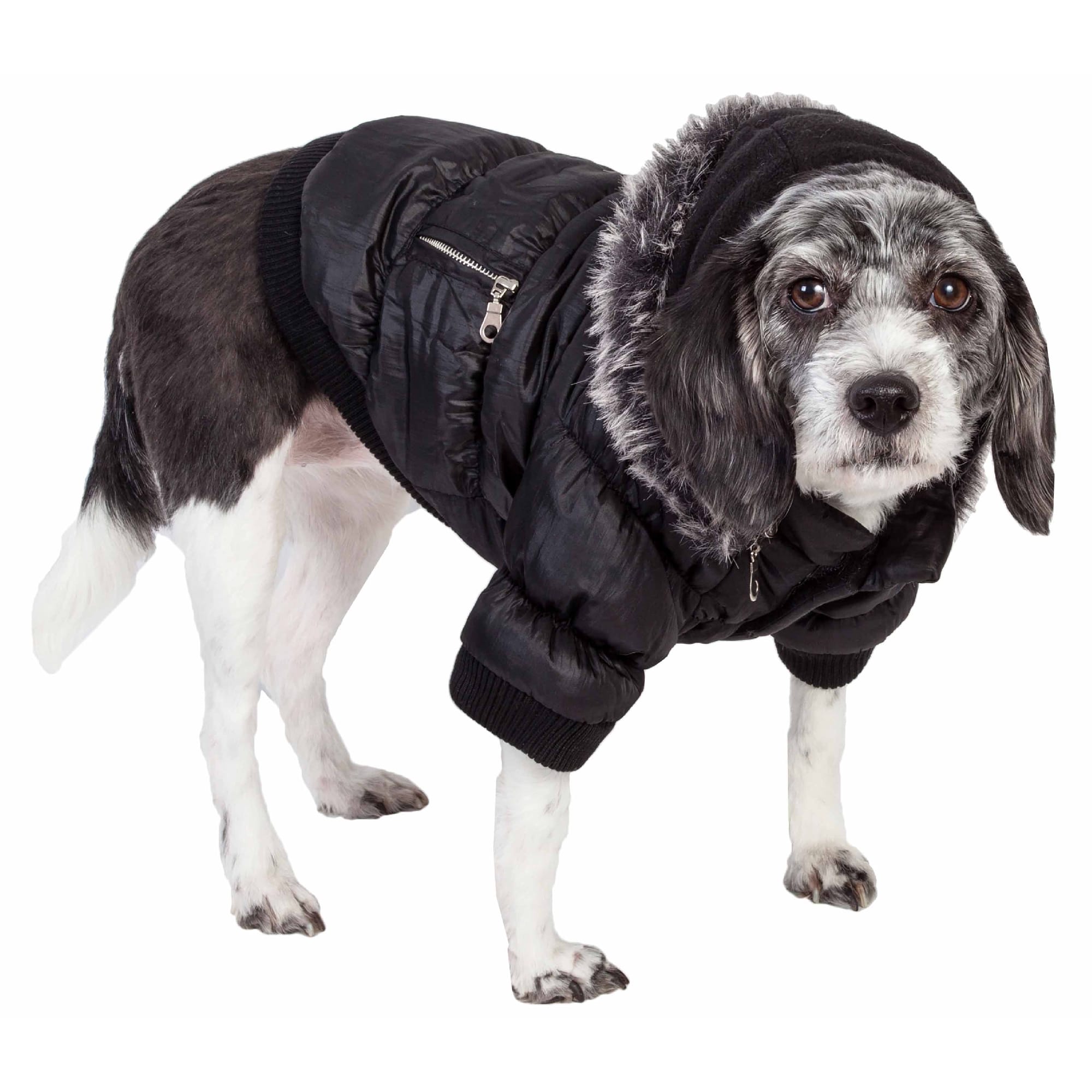 Pet Life Black Metallic Dog Parka XS with Thinsulate & Faux Fur Hood
