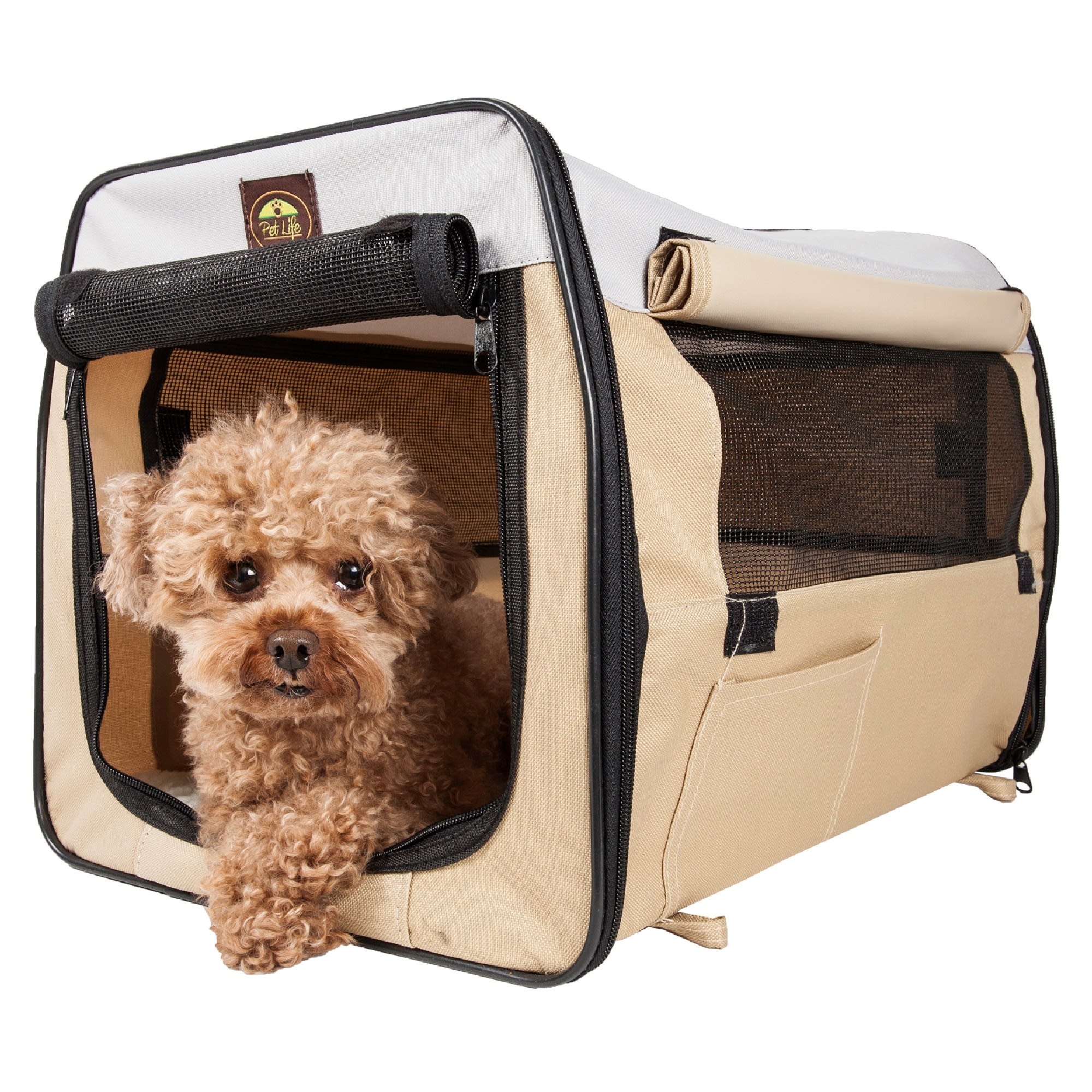 Pet Life Folding Zippered Lightweight Easy Folding Pet Crate in Khaki, 27" L x 20" W x 20" H Petco