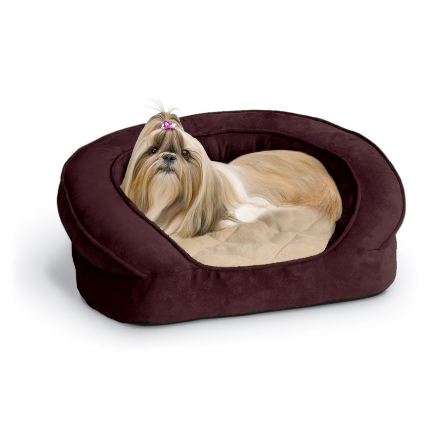 K&H Deluxe Ortho Bolster Sleeper Dog Bed in Eggplant with Paw Prints