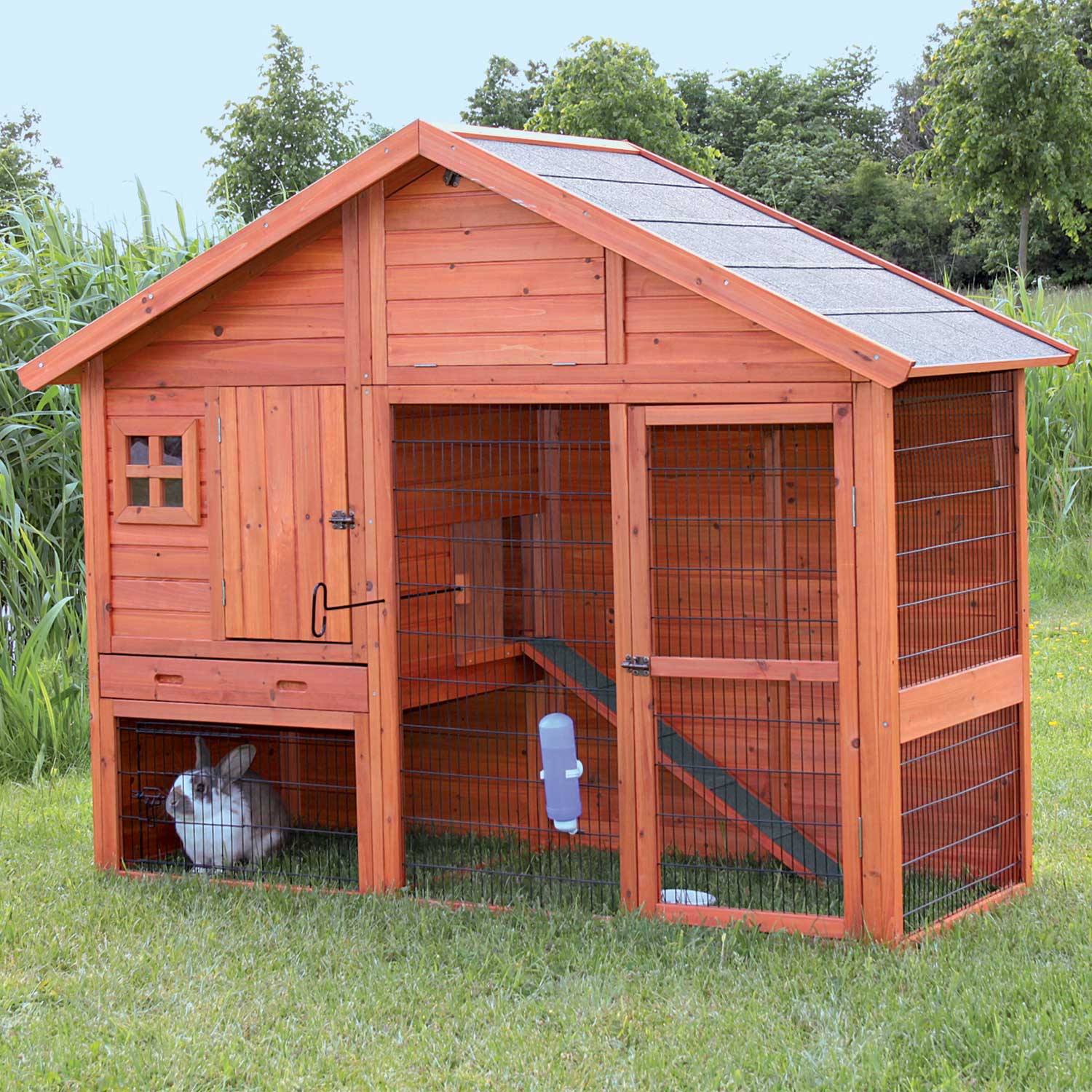 TRIXIE Natura Two Story Hatched Gable Rabbit Hutch with Run 76.75 L X 59.75 W X 31.5 H