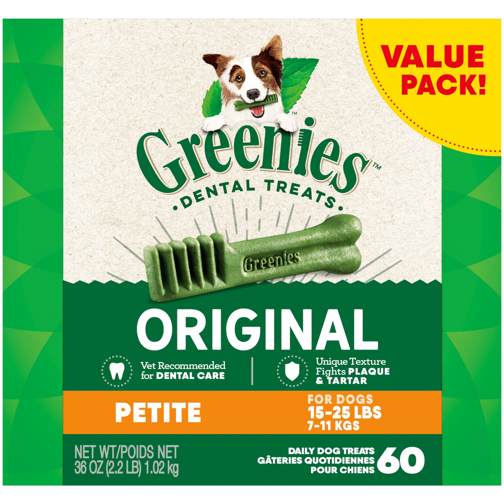 BEST BY JUL 21/2026 Greenies Original Petite Natural Dental Care Dog Treats  36 Oz Pack (60 Treats)