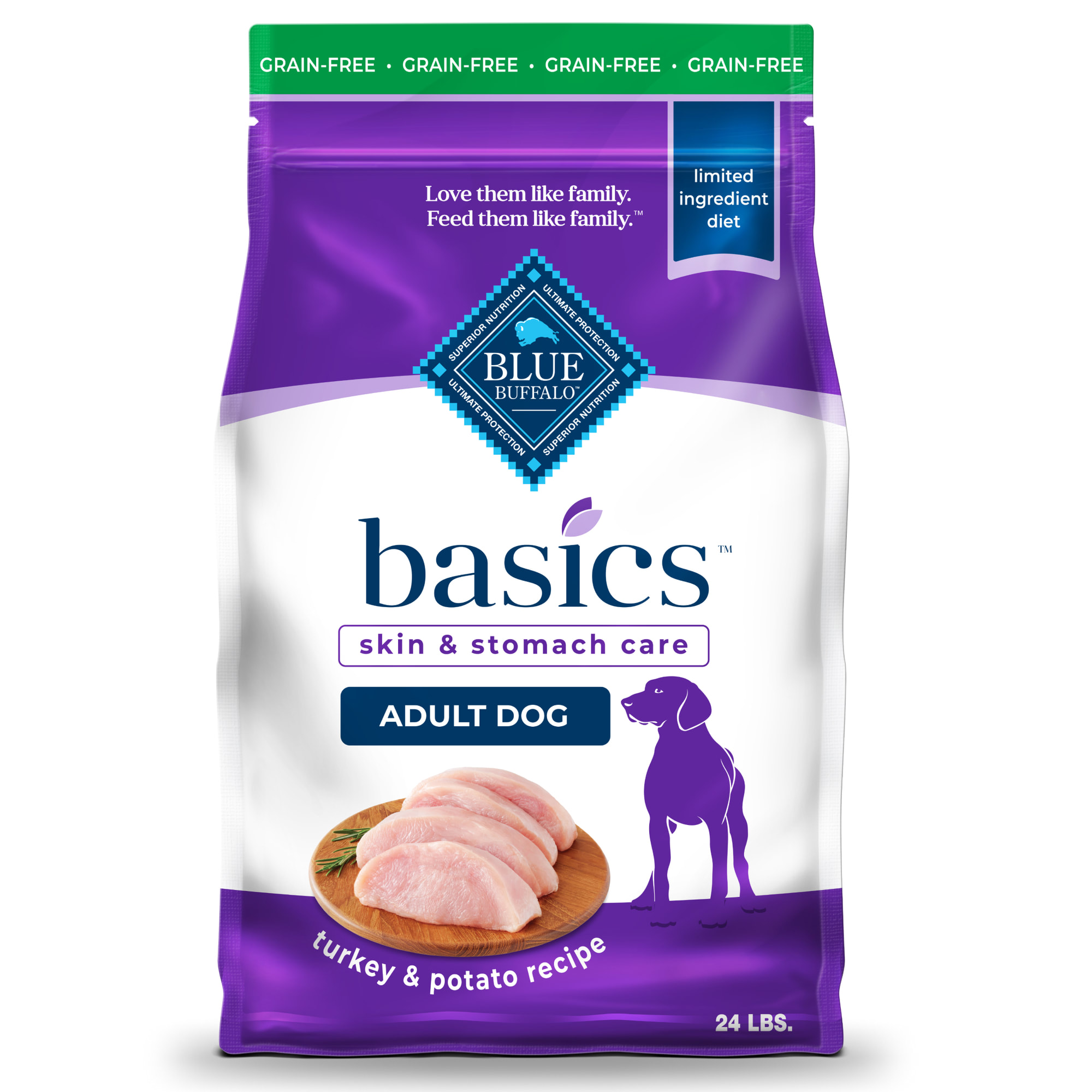 Blue Buffalo Blue Basics Skin Stomach Care Natural Adult Grain Free Turkey Potato Dry Dog Food 24 lbs