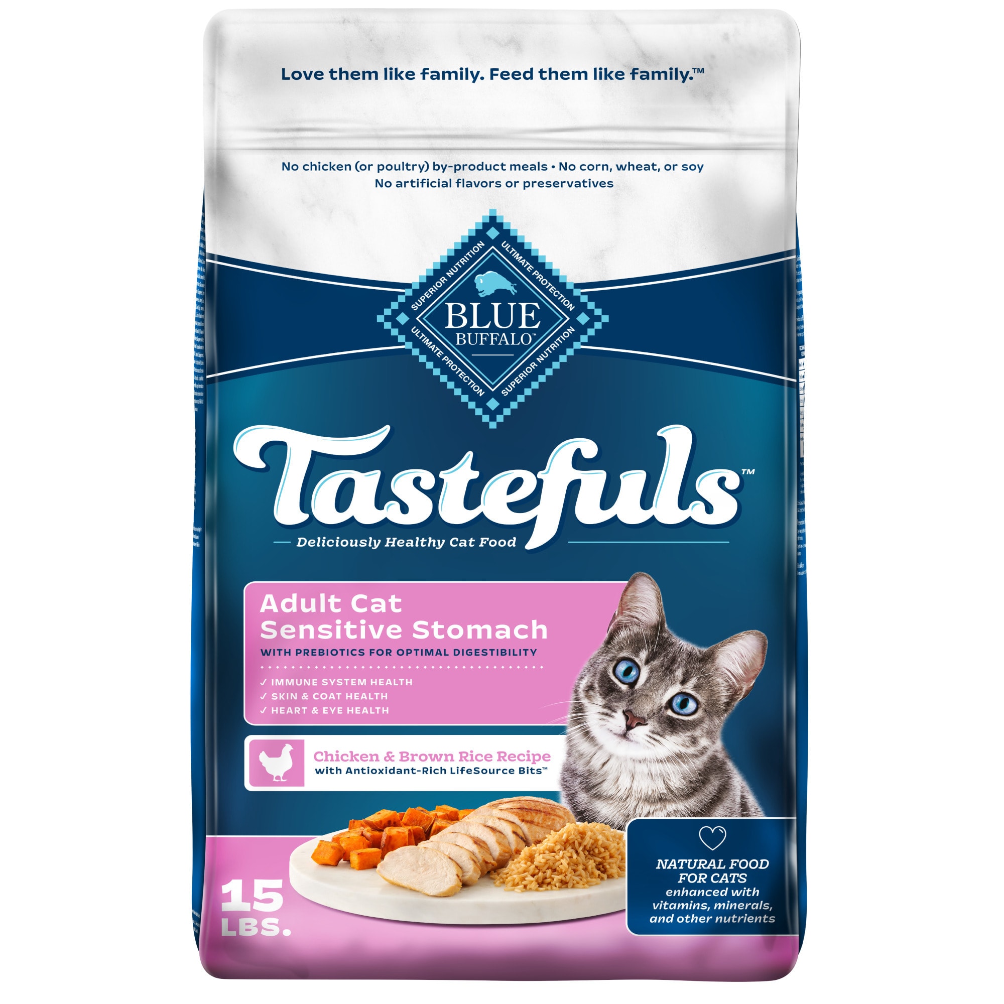 (best by sep 2025)  Blue Buffalo Tastefuls Dry Cat Food  Sensitive Stomach  Chicken and Brown Rice  15-lb. Bag