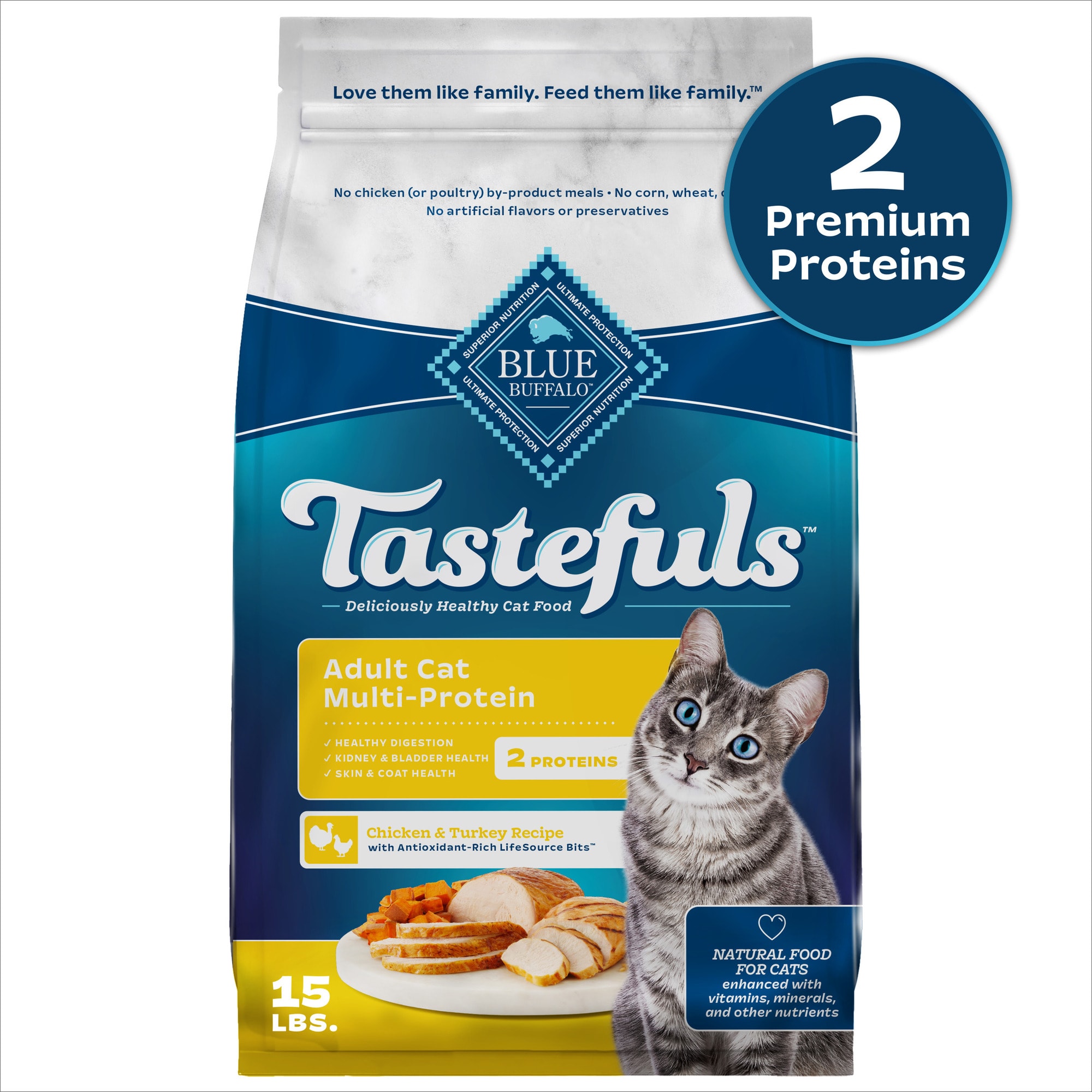 Blue Buffalo Blue Tastefuls Chicken and Turkey Recipe Adult Multi Cat  Natural Dry Cat Food, 15 lbs.