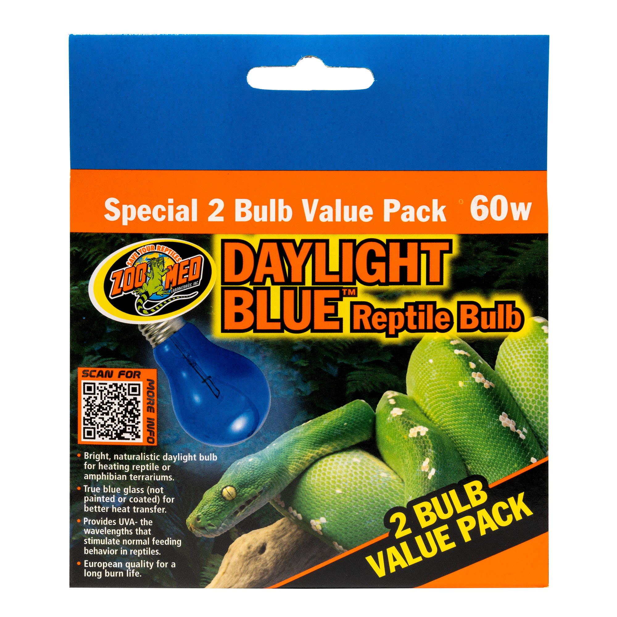 Zoo Med 60W Daylight Blue Reptile Bulbs 2 Pack