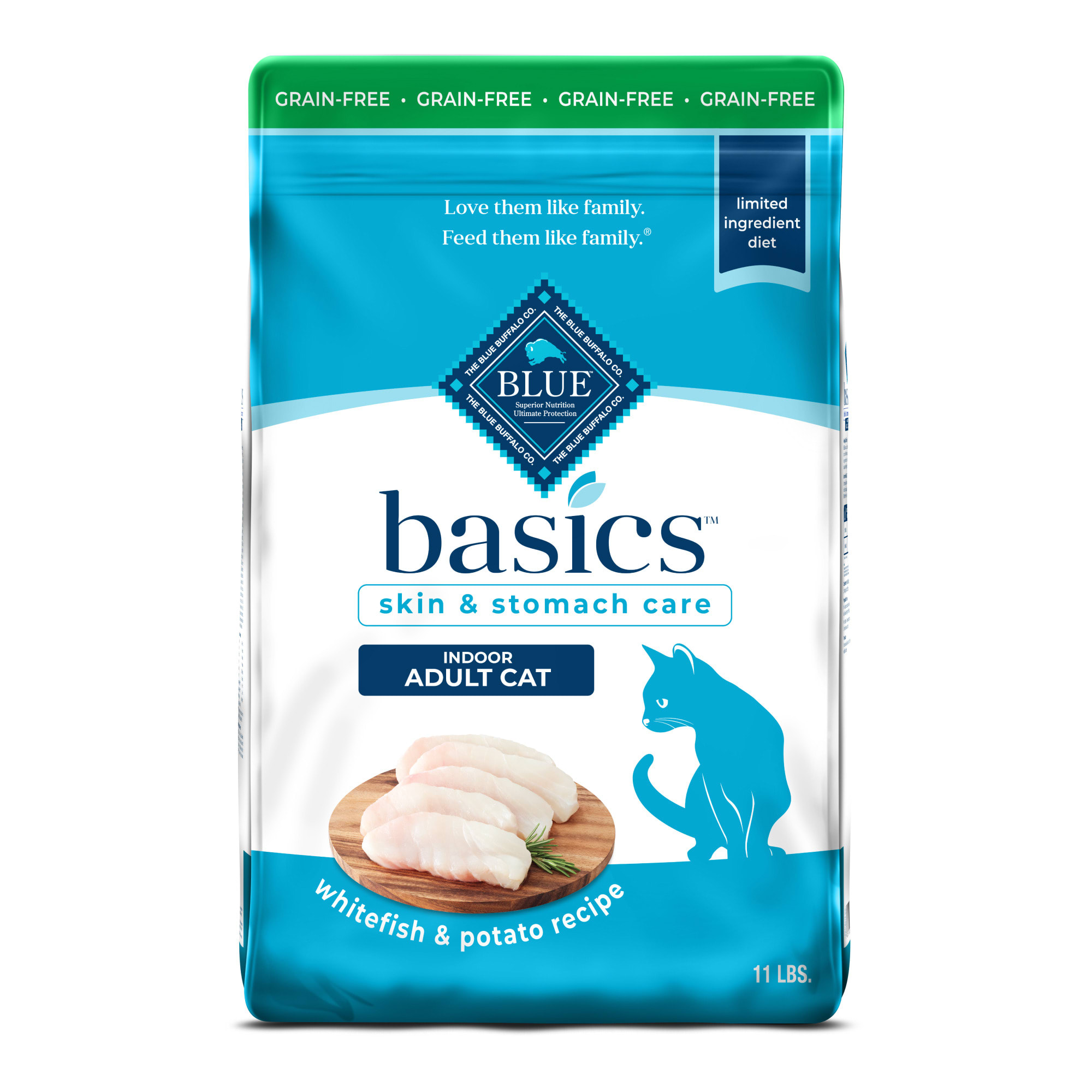 Blue Buffalo Blue Basics Skin Stomach Care Natural Adult Grain Free Indoor Fish Potato Adult Dry Cat Food 11 lbs