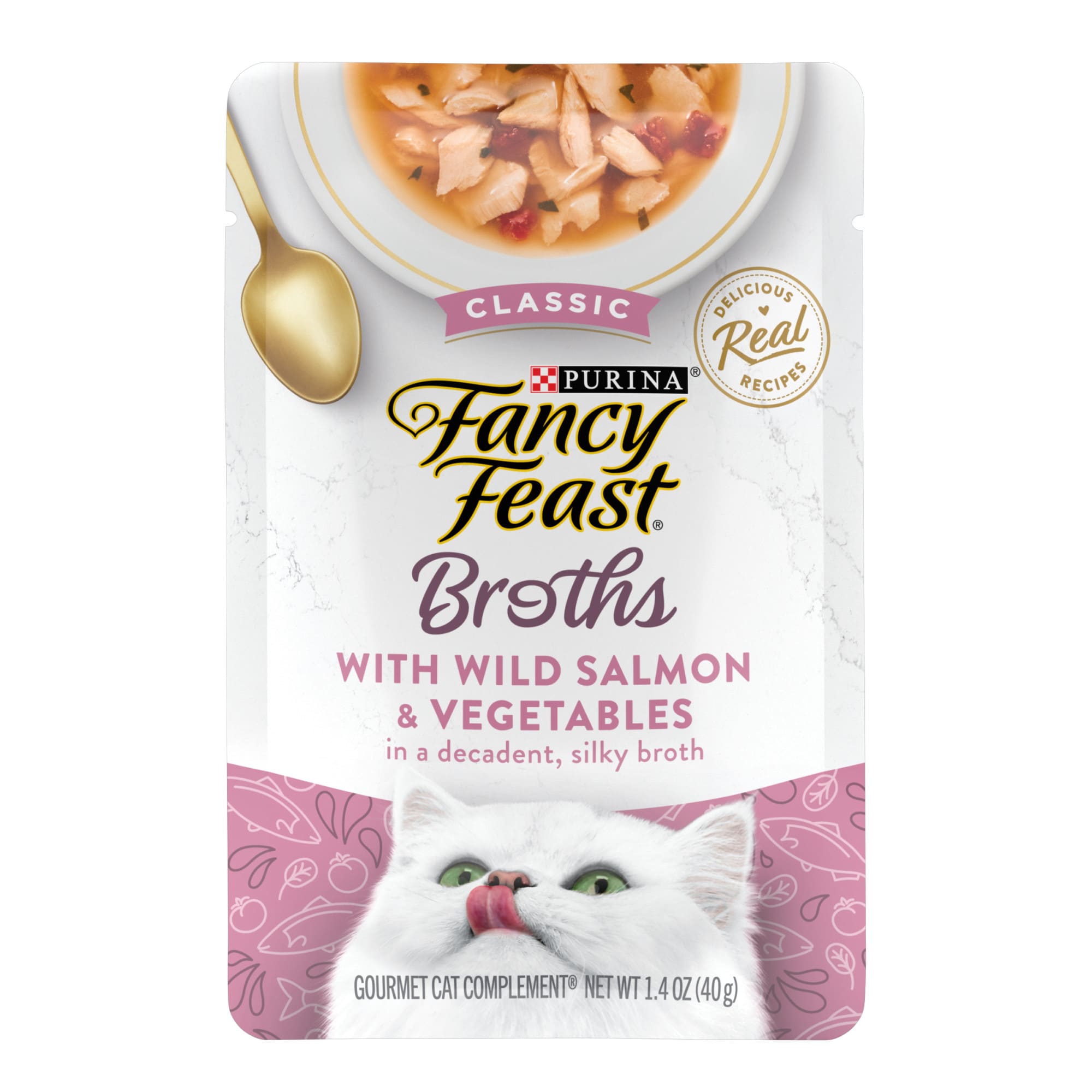 (16 Pack) Fancy Feast Limited Ingredient Wet Cat Food Complement  Broths Creamy With Wild Salmon & Whitefish  1.4 oz. Pouches