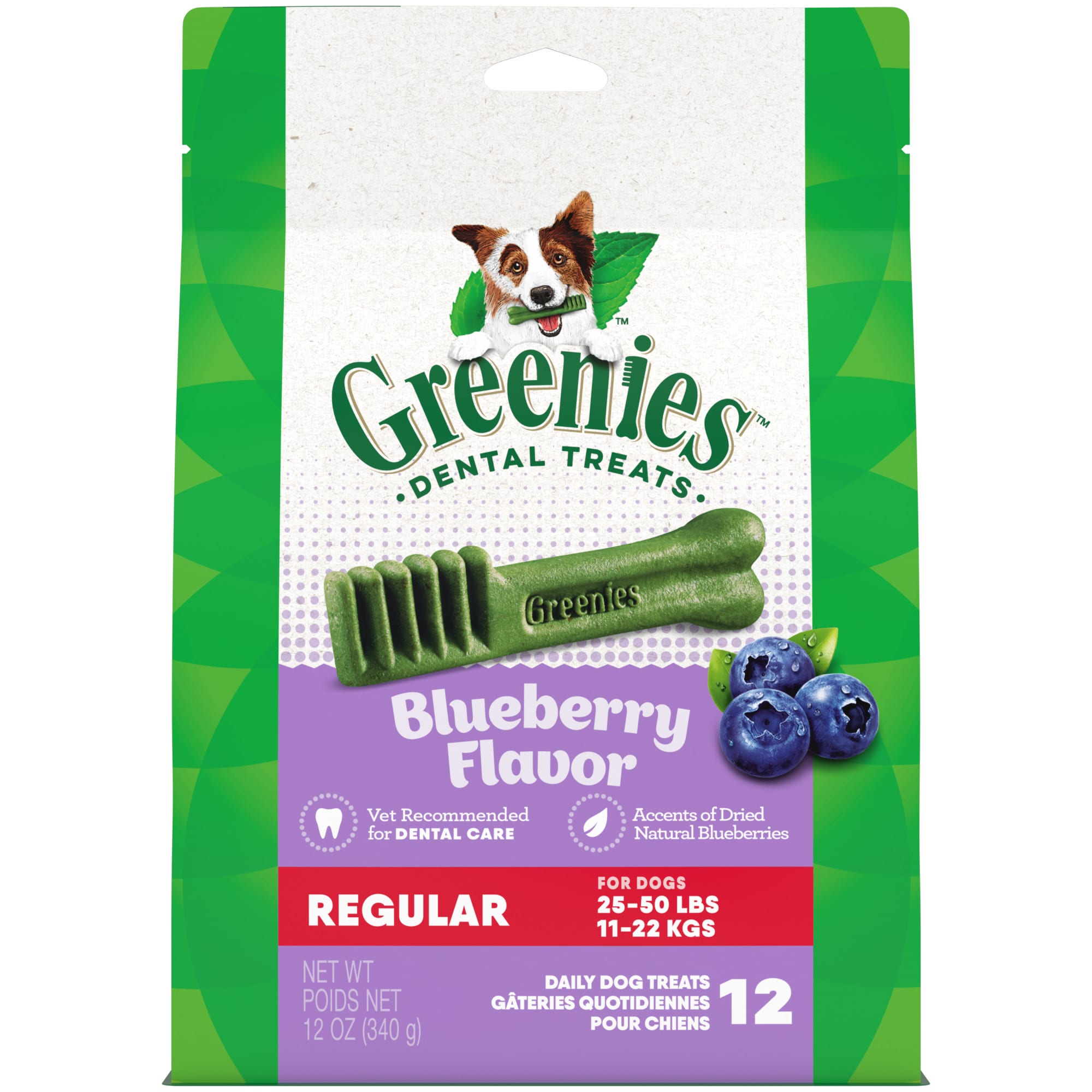 (BBD:10/01/2025) GREENIES Blueberry Flavor REGULAR Size Dental Chew Treats for Dogs  12 oz. Pouch (12 Treats)