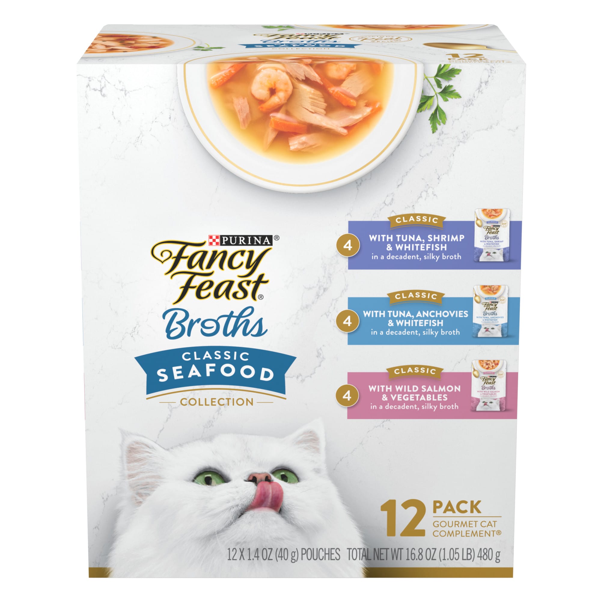 Fancy Feast Lickable Complement Classics Collection Broth Wet Cat Food Variety Pack 1.4 oz. Count of 12