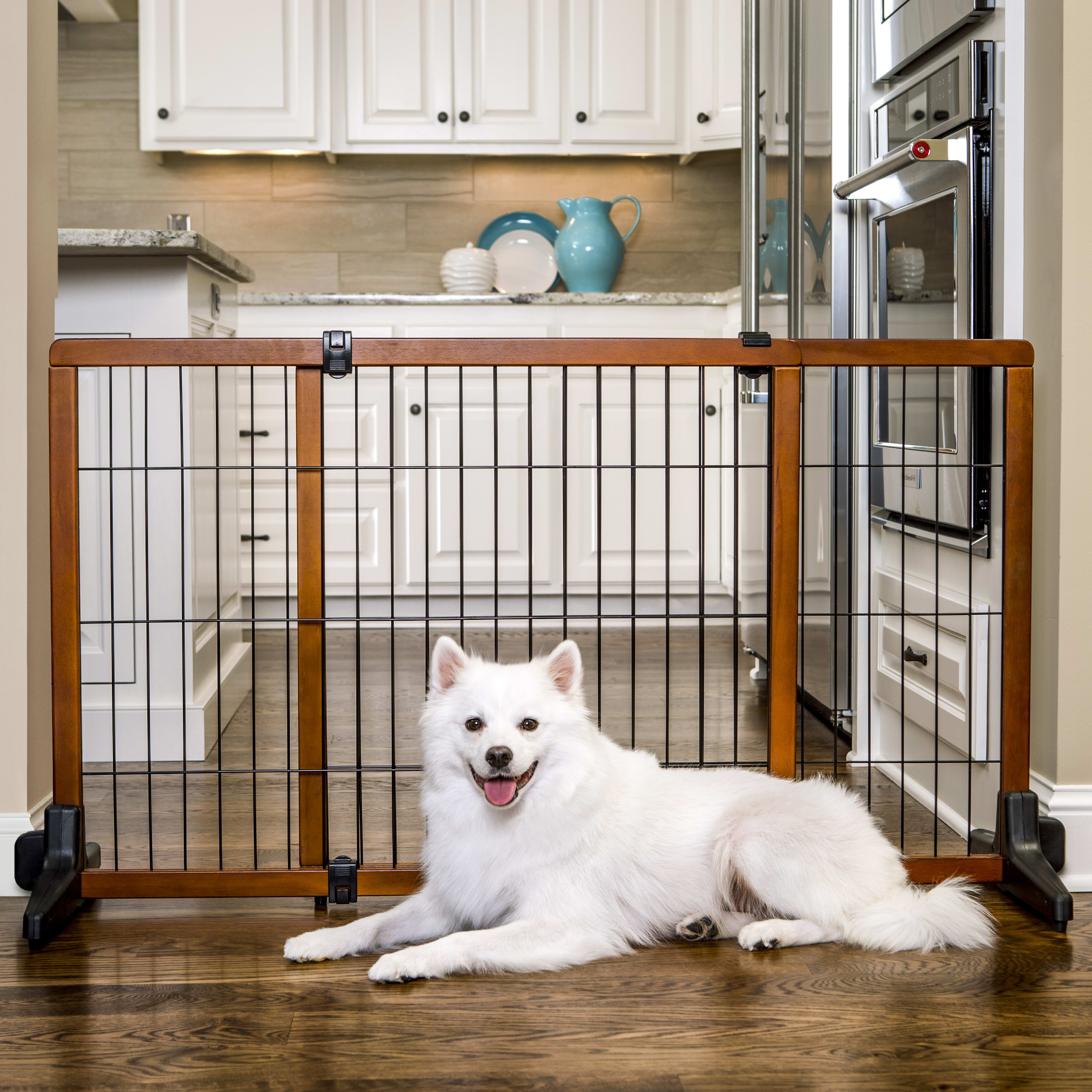 Wooden Pet Gate Free Standing Adjustable Up to 68 inches Wide