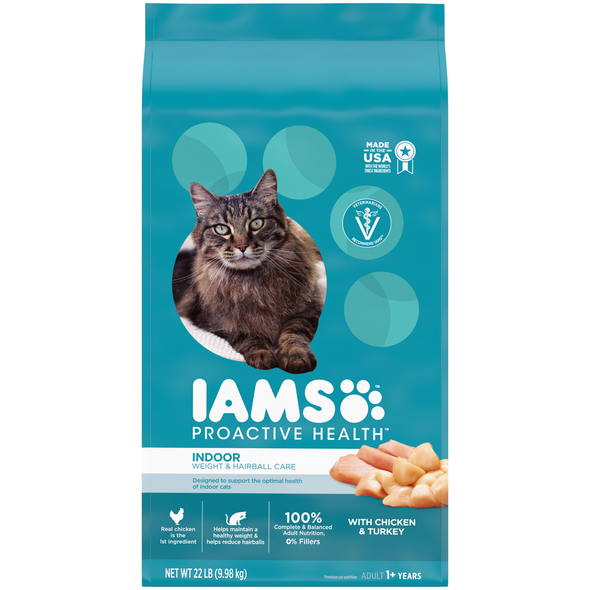 Iams ProActive Health Indoor Weight Control Hairball Care Chicken Turkey Adult Dry Cat Food 22 lbs