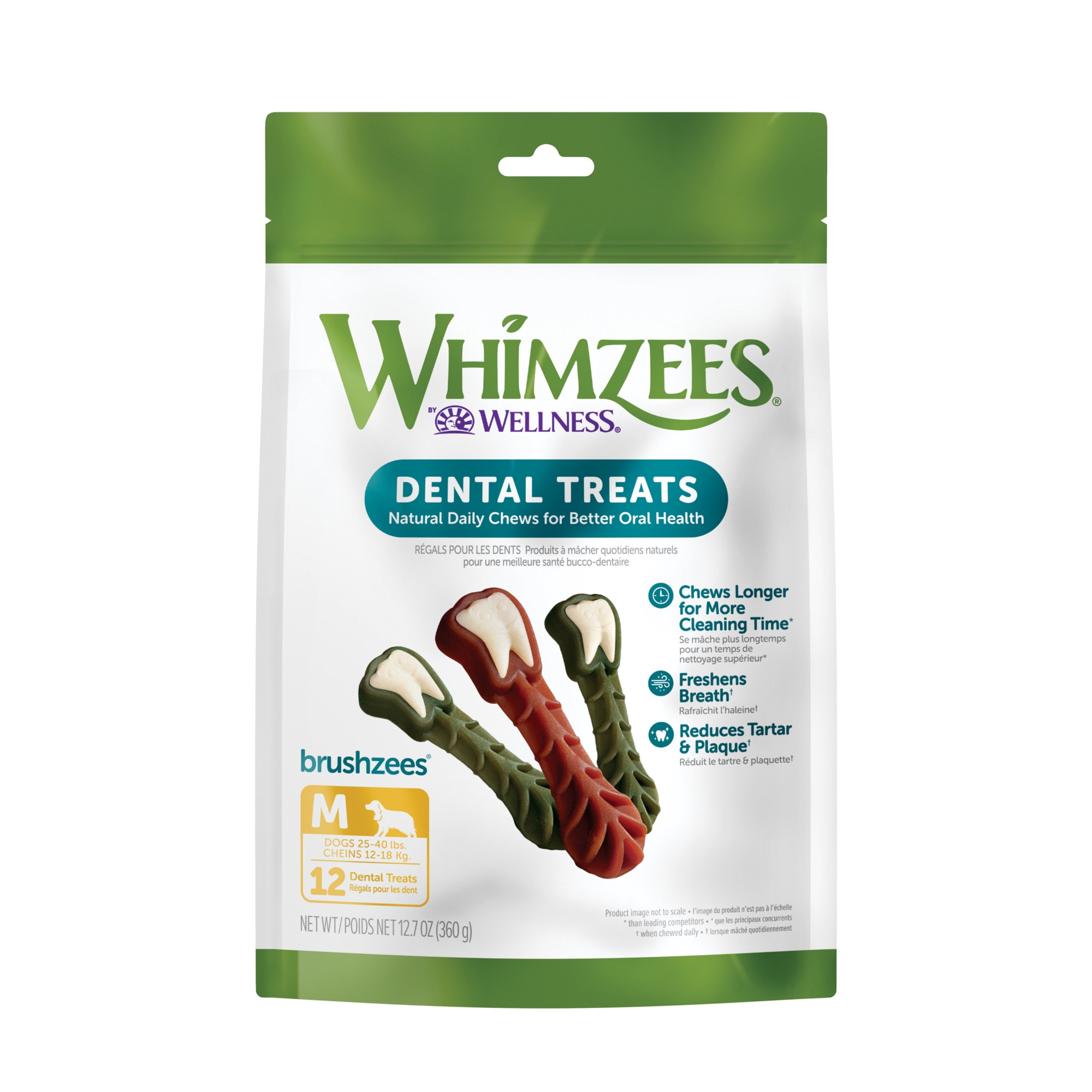 Whimzees by Wellness Brushzees Natural Grain Free Medium Dental Chews for  Dogs, 12.7 oz., Count of 12