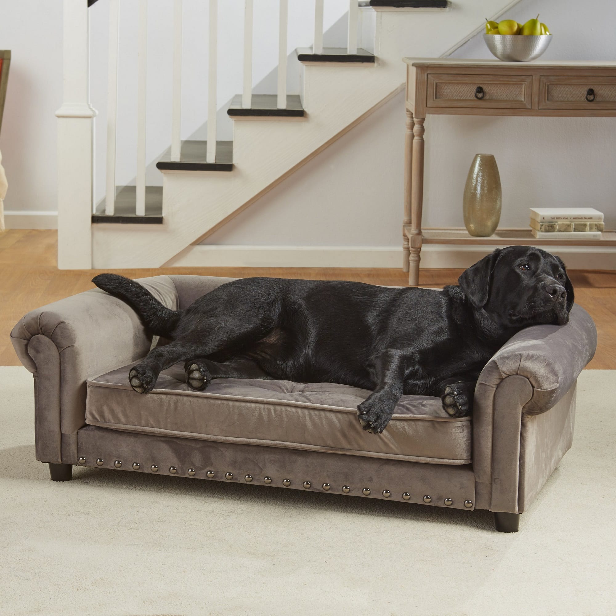 Enchanted Home Grey Velvet Pet Sofa & Tufted Cushion