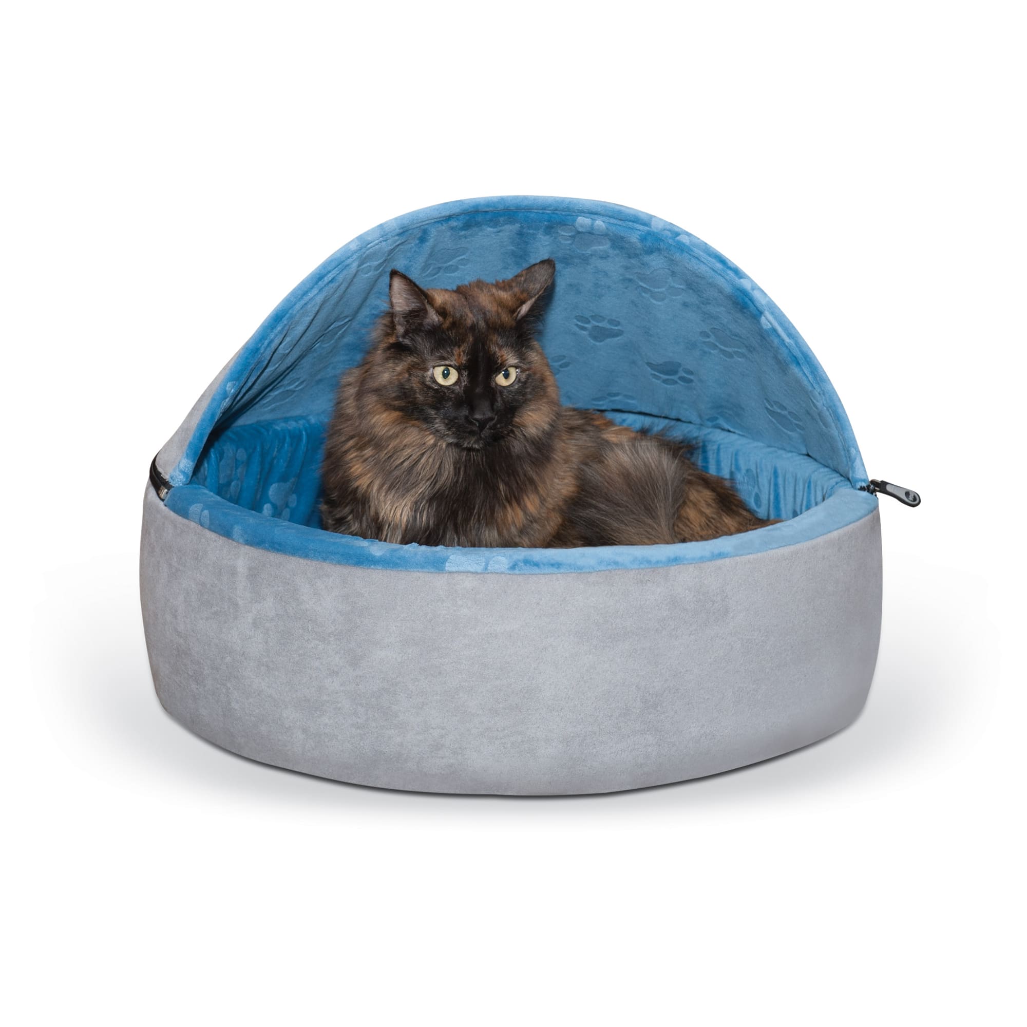 K H Blue and Gray Self Warming Hooded Cat bed 20