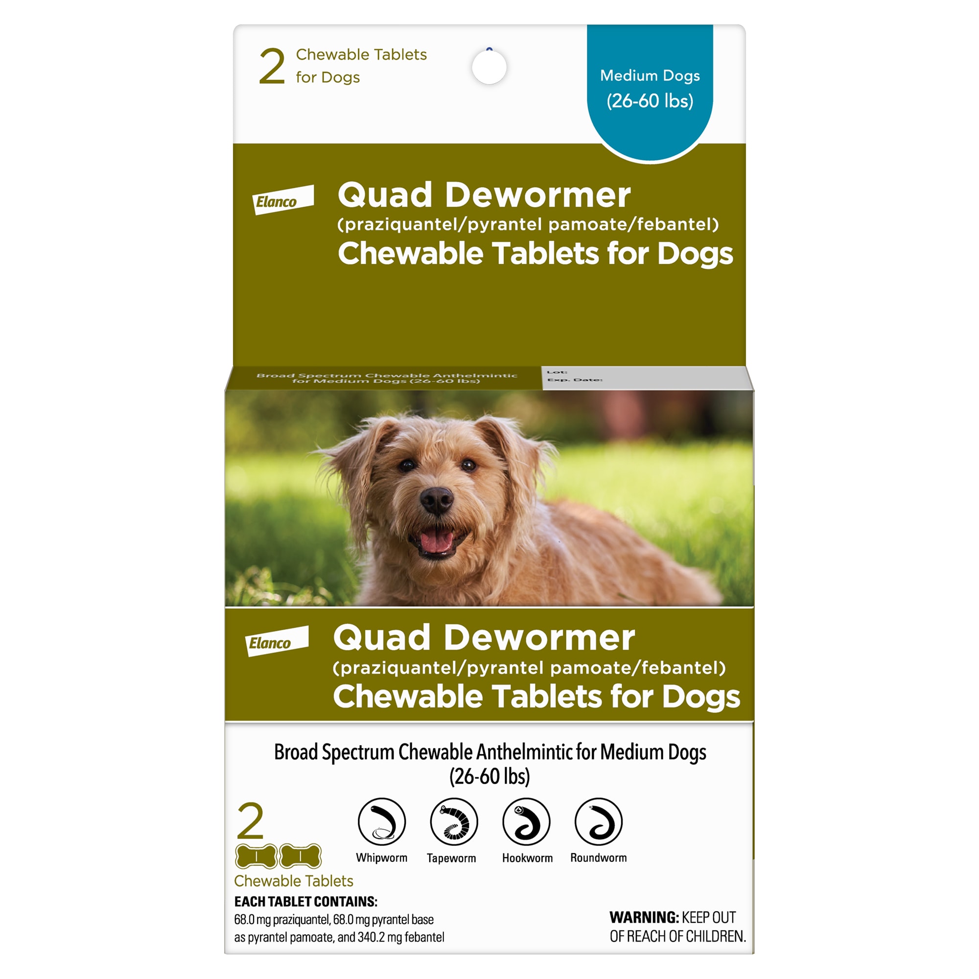 Elanco Quad Dewormer Tablets for Dogs 26 to 60 lbs., Pack of 2