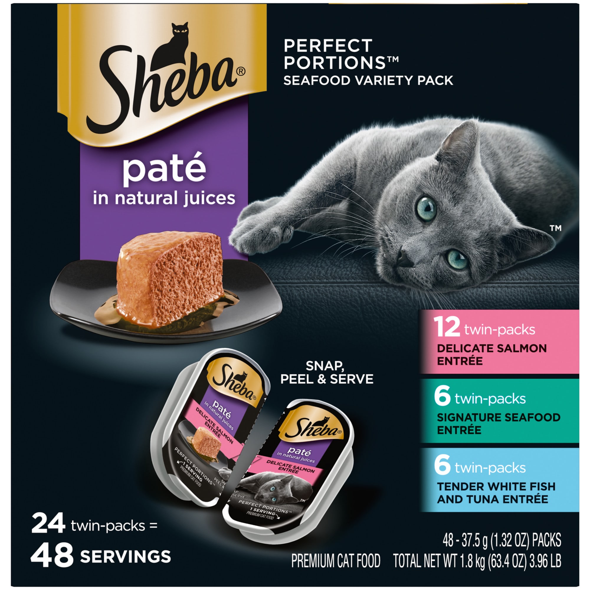 Sheba Perfect Portions Delicate Salmon Tender Whitefish Tuna Entrees Wet Cat Food Variety Pack 2.64 oz. Count of 24