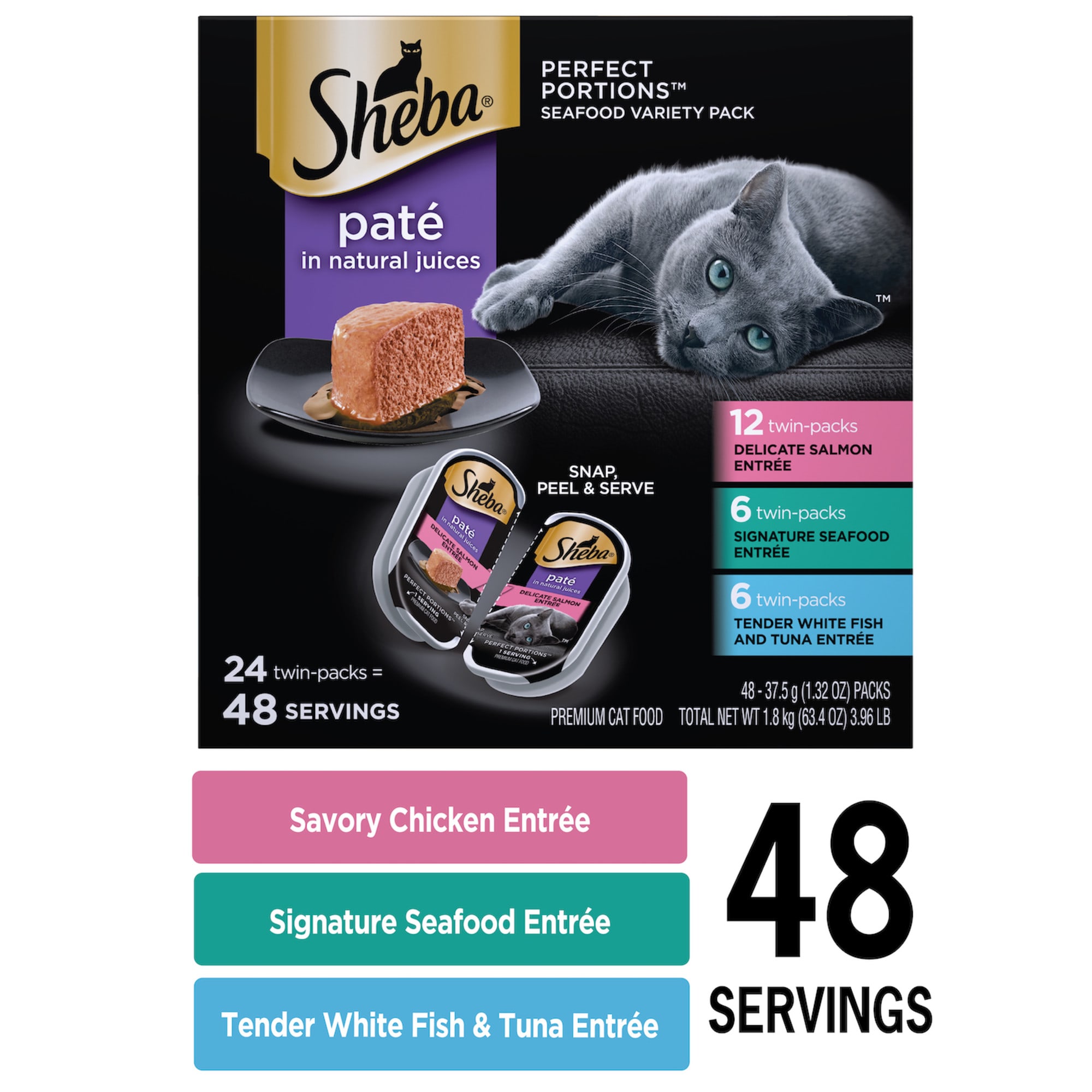 Sheba Perfect Portions Delicate Salmon Tender Whitefish Tuna Entrees Wet Cat Food Variety Pack 2.64 oz. Count of 24