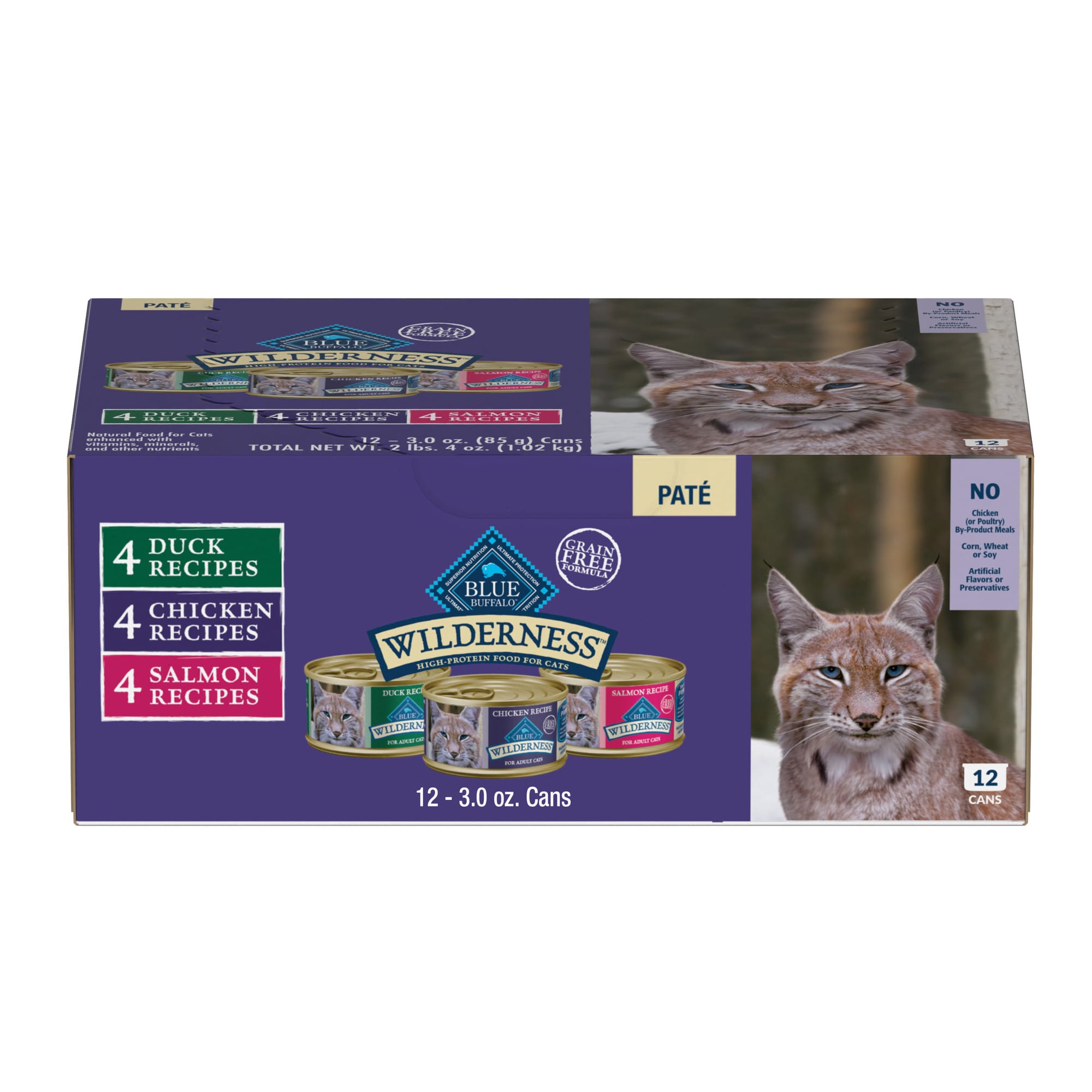 Blue Buffalo Wilderness Natural Adult Chicken Salmon Duck Pate Variety Pack Wet Cat Food 3 oz. Count of 12